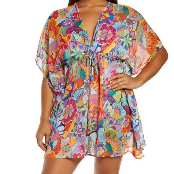 BLEU ROD BEATTY Make it Pop Multicolor Floral Chiffon Swim Coverup Dress SZ 2X - Picture 3 of 8